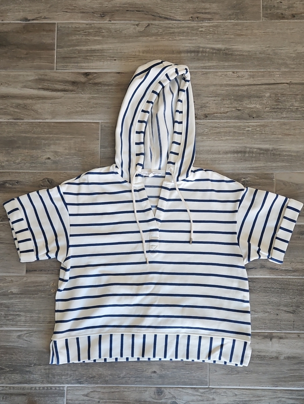 White & Navy Striped Hooded Short-Sleeve Top